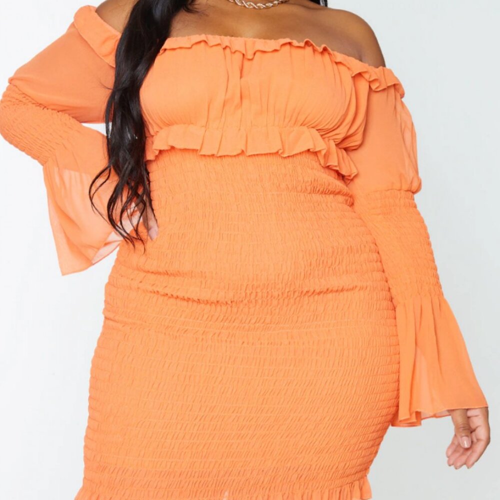 Plus Size Bright Orange Chiffon Shirred Bodycon Dress